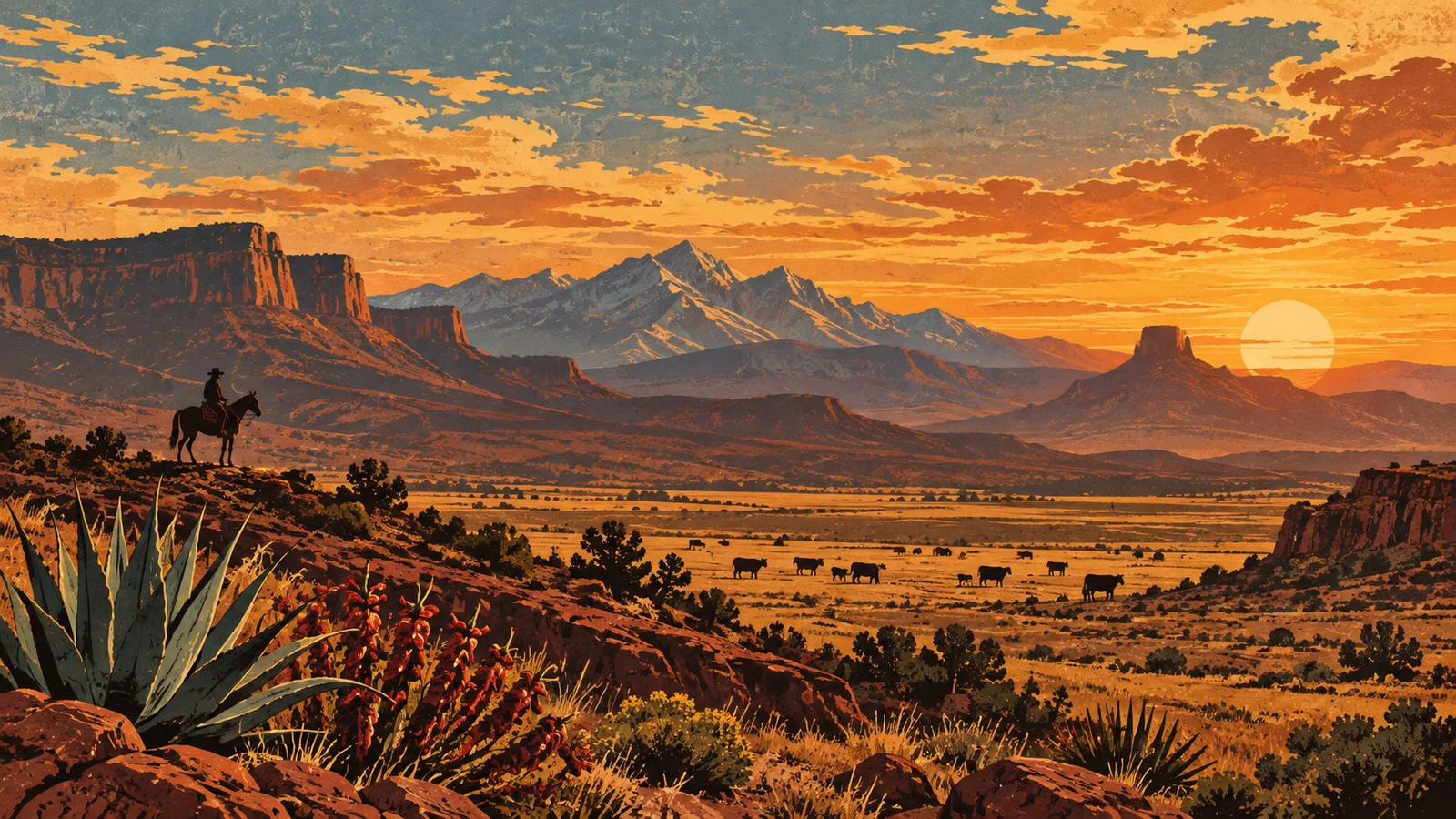 Illustrated sunset over western cattle country, with mesas, grazing cattle and a rider on horseback